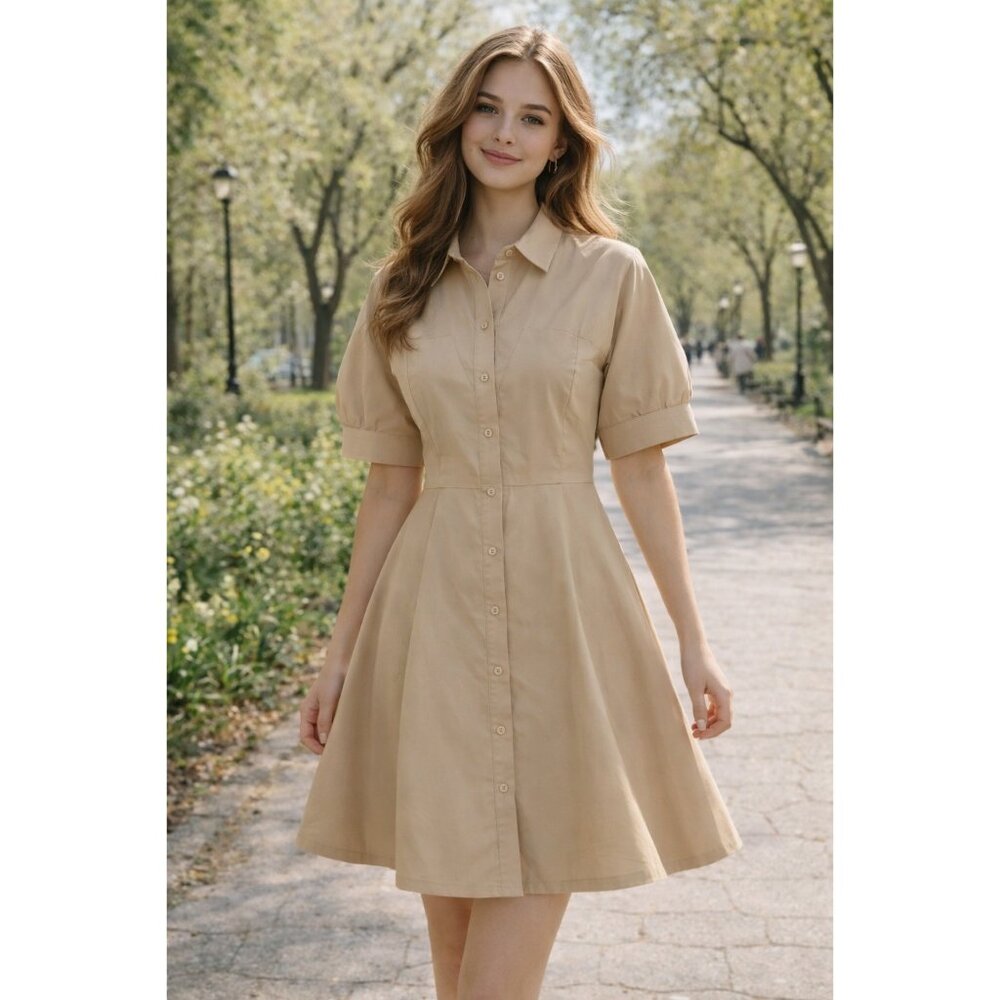 A Loves A Button Front Cotton Tan Shirt Dress Small Dolman Puff Sleeve GUC
